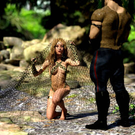 1boy 1girls 3d blonde_hair captured female fully_clothed leopard_print leopard_print_bikini male net original polonyanka revealing_clothes skimpy_clothes