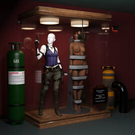 1girls 3d arms_at_sides asleep barefoot bound bound_arms bound_legs bound_neck breasts captured captured_heroine chloroform clothes_removed completely_nude dark-skinned_female dark_skin defeated defeated_heroine display display_case english_text eyes_closed feet female female_focus female_only forniphilia gas_mask helpless helpless_female human_furniture human_trophy immobile indoors legs_together living_statue living_trophy mannequin name_tag nipples nude nude_female oldmanjaay overhead_light permanent_bondage plaque pussy pussy_obscured resident_evil resident_evil_5 sheva_alomar sign solo solo_female solo_focus stasis_chamber stationary_restraints stripped stripped_naked suspension suspension_bondage text trophy_case unconscious