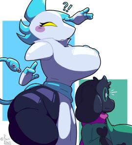 1boy 1girls ?! ass big_breasts breasts clothed clothing deltarune deltarune_chapter_2 female huge_thighs karikhuri male plug ralsei ralsei_with_black_fur tagme tasque_manager_(deltarune) thick_thighs toby_fox undertale yellow_eyes