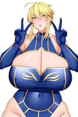 arind_yudha artoria_pendragon artoria_pendragon_(lancer) ass big_breasts blonde_hair blush bodysuit breasts cleavage collarbone fate/grand_order fate_(series) female happy huge_ass huge_breasts king large_breasts short_hair smile solo thick_thighs white_background