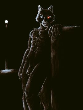 1boy anthro beastars darkness genitals legoshi_(beastars) looking_at_viewer male male_only mechacatwolf_(artist) monochrome night nude penis solo solo_male