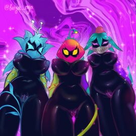 3girls batya_nya big_breasts black_body brawl_stars breasts fan_characters female from_below lily_(brawl_stars) masked_female pov_crotch pussy shiny_skin