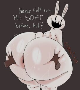 1boy 2025 absurd_res anthro anus ass big_ass big_butt bodily_fluids disembodied_hand english_text hand_on_ass hand_on_butt hi_res lagomorph leporid long_ears looking_back male male_only mammal max_(sam_and_max) open_mouth question_mark rabbit rear_view sam_and_max sharp_teeth small_tail solo sweat sweaty_ass sweaty_butt tail talking_to_another teeth text touching_butt zeraniumz