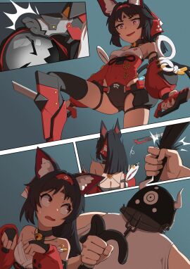 1girls animal_ears black_hair cat_ears cat_girl cat_tail catgirl caught choker dark-skinned_male dark_skin female female_focus grabbing grabbing_from_behind hi_res highres male multiple_views nekomiya_mana tail thighs yamomo yamomono zenless_zone_zero