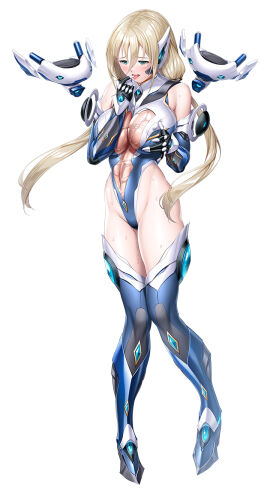 artist_request blonde_hair blue_eyes breasts detached_sleeves drone female finger_to_tongue full_body grabbing_own_breast headpiece highleg highleg_leotard highres hisashige_nana large_breasts leotard low_twintails official_art pussy pussy_juice second-party_source solo taimanin_(series) taimanin_rpgx tongue tongue_out twintails wet white_background