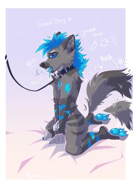 absurd_res anthro breath chastity_cage chastity_device collar good_boy hi_res hyena kneeling leash lock locked locked_up male male_only mammal offscreen_character panting sanynebeystoll solo tail tail_motion tailwag