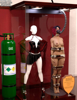 1girls 3d bound bound_arms bound_legs completely_nude female female_only full_body mannequin nude nude_female original original_character solo superheroine thejpeger trophy_case unconscious unconscious_female