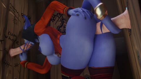 1girls 2boys 3d ass bent_over big_ass big_breasts black_hair blizzard_entertainment blowjob blue_skin breasts draenei fellatio female glory_hole horns human human_(world_of_warcraft) interspecies light-skinned_male light_skin male morilymory mory nude oral oral_sex original_character pussy sex spread_legs tail_sex thick_thighs thighhighs vaginal_penetration vaginal_sex voluptuous voluptuous_female warcraft wide_hips world_of_warcraft