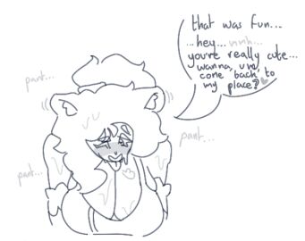 angel_sinz bending_forward cleavage dialogue english_text female fox fox_ears fox_girl imminent_sex monochrome sketch sports_bra sweaty terraria text tongue zoologist_(terraria)