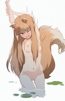 ;d animal_ears arm_up artistic_nude breasts butterchalk cleft_of_venus commentary completely_nude female highres holo kneeling looking_at_viewer medium_breasts navel nipples nude one_eye_closed partially_submerged pussy red_eyes simple_background small_breasts smile solo spice_and_wolf stretching tail thigh_gap uncensored water white_background wolf_ears wolf_girl wolf_tail