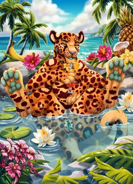 anus beverage felid female feral genitals hi_res legs_up leopard looking_at_viewer mammal pantherine partially_submerged pawpads pussy smile solo xtreme3246