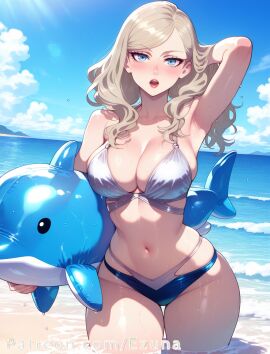 ai_generated ann_takamaki beach big_ass big_breasts big_butt big_thighs bikini blonde_hair blue_eyes blush ezuna huge_ass huge_breasts huge_butt huge_thighs persona persona_5 silver_clothing wanuze wide_hips