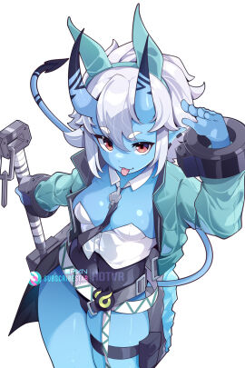 :3 alien_girl bare_shoulders blue_skin breasts cleavage colored_skin female hair_between_horns highres horns hotvr hoyoverse leotard necktie oni petite petite_body petite_breasts petite_female pointy_ears shirt short_hair simple_background skin-covered_horns skirt solo soukaku_(zenless_zone_zero) tail thigh_strap thighs tongue tongue_out white_background white_hair white_shirt zenless_zone_zero