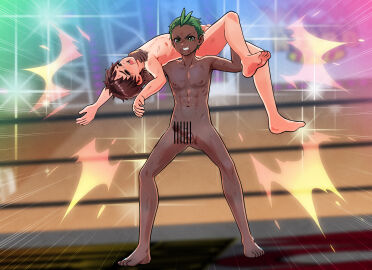 abs artist_request athletic athletic_male brown_hair censored censored_penis competitive competitive_intercourse completely_naked completely_naked_male completely_nude completely_nude_male dick gay green_hair interracial muscular muscular_male nude nude_male original original_character penis sexfight wrestling yaoi