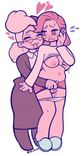 2girls clothed_female_nude_female clothes_lift commission embarrassed female gilf glasses groping highres holly_kujo incest jojo's_bizarre_adventure mature_female morti mother_and_daughter nude old old_suzi older_female panties plump pubic_hair pussy skirt skirt_lift stardust_crusaders suzi_q underwear yuri