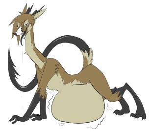 alien anthro belly big_belly bodily_fluids cervine deer exoskeleton hi_res horn hybrid long_neck long_tongue lying male mammal monster multi_eye on_front red_(topazknight) rumbling_stomach saliva saliva_string simple_background solo stinger stinger_tail tagme tongue topazknight vore