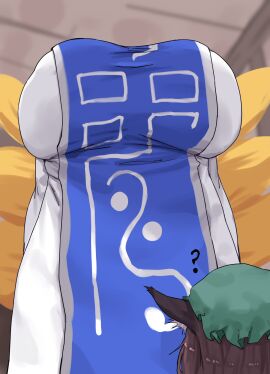 2girls ? big_breasts breasts brown_hair busty cat_ears cat_girl catgirl chen clothed_female dress female fox_girl hat huge_breasts kitsune low-angle_view mature_female multi_tail omikami question_mark ran_yakumo size_difference tail tails touhou underboob