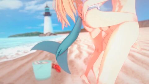 animated beach blonde_hair bottomless bucket crab indie_virtual_youtuber koikatsu lighthouse long_hair nude_male_clothed_female ocean partially_clothed partially_offscreen_character sameko_saba shark_tail standing_sex tagme video virtual_youtuber waist_grab wataamage