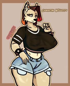 1girls anthro ass big_ass big_breasts breasts clothing digital_media_(artwork) female furry hi_res highres looking_at_viewer no_tail oc orange_eyes original_character samantha_willetts_(gorgutzartz) shirt short_hair shorts simple_background simple_shading spiked_bracelet teutonicx thick_thighs voluptuous_female wolf wolf_girl