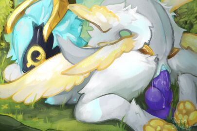 angel animal_genitalia anthro ass bodily_fluids breasts cloaca detailed_background digital_media_(artwork) digitigrade dildo dildo_insertion double_slime feathered_wings feathers floppy_ears fluffy fur futanari genital_fluids genitals grass hair horn intersex invalid_tag knot knotted_dildo looking_at_viewer lop_ears multi_wing nipples no_anus nude omen_(double_slime) paws penetration plant raised_tail resting_on_arms sex_toy sex_toy_insertion solo tail teats visor wings