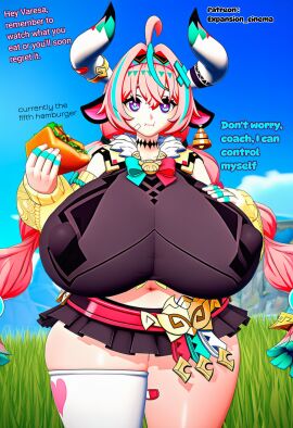 breast_expansion breasts breasts_bigger_than_head chubby chubby_female expansion_cinema female genshin_impact growth hamburger hyper_breasts stuffed_belly stuffing varesa_(genshin_impact) weight_gain weight_gain_female
