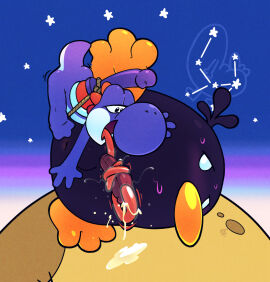 absurd_res ambiguous_gender anus argon_vile avian bird black_body black_feathers blue_body blue_yoshi blush bodily_fluids constellation corvid corvus_(genus) cum dickbutt dildo dildo_saddle dinosaur duo extinct feathers foreskin genital_fluids genitals hi_res long_tongue lying male male/ambiguous mario_(series) meme moon nintendo on_side oral oscine passerine penis prehistoric_species raphael_the_raven raven reptile round_body saliva scalie sex sex_toy size_difference sky star starry_sky sweat tongue tongue_out tonguejob uncircumcised yoshi yoshi's_island