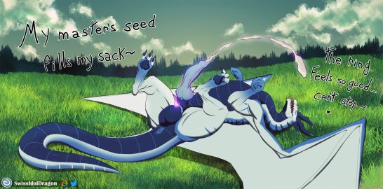 anus balls big_balls bodily_fluids cum dragon feet feral field field_background forced_orgasm genital_fluids genitals hi_res horn looking_pleasured lying magic male markings mythological_creature mythological_scalie mythology on_back orgasm pawpads paws penis ring ring_(jewelry) scalie solo spermicidal_takeover vitor_swissidoldragon wings