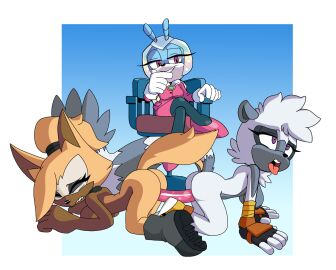 2d 3girls all_fours animal_ears animal_hands animal_nose antennae anthro arm_support ass ass-to-ass bangs being_watched black_footwear blue_background blue_hair blue_legwear blue_skin blush body_fur boots border breast_press breasts breasts_on_floor brown_skin canine chair closed_mouth clothing colored_sclera colored_skin completely_nude crossed_legs dildo dog_ears dog_girl dog_tail doggy_style double_dildo dress duo evil_grin eyelashes eyes_rolling_back female female_only fingerless_gloves footwear full_body fur furry furry_female gloves gradient gradient_background grey_body grey_fur grey_hair grin hair_over_one_eye hair_tie half-closed_eye half-closed_eyes hanging_breasts happy head_rest high_heels idw_comics idw_publishing insect_girl insect_wings insectoid insertion interspecies jewel_the_beetle jewelry leatherruffian lemur lesbian_sex long_ears long_sleeves long_tail looking_at_another looking_pleasured looking_to_the_side looking_up makeup mammal mascara mobian mobian_(species) mobian_beetle multiple_females multiple_girls mutual_yuri naked_footwear nude nude_female object_insertion oerba_yun_fang one_eye_covered open_mouth outside_border penetration pink_dress pink_eyes pink_shoes pink_skirt pink_vest pleasure_face ponytail purple_eyes pussy raised_eyebrow robot sega sex sex_toy shared_object_insertion sharp_teeth shiny shoes short_hair simple_background sitting sitting_on_chair small_breasts smile smug sneakers snout sonic_(series) sonic_the_hedgehog_(comics) sonic_the_hedgehog_(idw) sonic_the_hedgehog_(series) stockings suit tail taken_from_behind tangle_the_lemur teeth tongue tongue_out top-down_bottom-up topknot torogao two-tone_fur u_u vagina vaginal_insertion vaginal_object_insertion vaginal_penetration video_game voyeur watching watching_sex whisper_the_wolf white_border white_fur white_gloves wolf_ears wolf_girl wolf_tail yellow_fur yuri