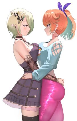 2d 2d_(artwork) 2girls alternate_costume alternate_hairstyle angelchama big_breasts black_thighhighs breasts ceres_fauna ceres_fauna_(goth_costume) dress female goth_girl green_hair high_resolution highres hololive hololive_english hololive_english_-council- hololive_english_-promise- hololive_myth hourglass_figure large_breasts light-skinned_female light_skin looking_at_another official_alternate_costume orange_hair ponytail short_hair short_ponytail side_view simple_background slim_female smiling smiling_at_another standing symmetrical_docking takanashi_kiara thighhighs two-tone_hair virtual_youtuber vtuber vtuberfanart white_background yellow_eyes young younger_female yuri