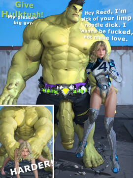 1boy 1girls 3d abs ass ass_grab before_and_after blonde_hair blue_eyes boots breasts cheating cheating_wife cock_out cuckold doggy_style fantastic_four female flaccid hdregrets huge_cock hulk hulk_(marvel_rivals) hulk_(series) invisible_woman invisible_woman_(marvel_rivals) large_penis leotard lifted_by_another lifting lifting_person male marvel marvel_comics marvel_rivals middle_finger muscular muscular_male netorare ntr nude penis public public_sex rough rough_sex size_difference skin_tight sue_richards sue_storm superheroine talking_to_viewer text wife