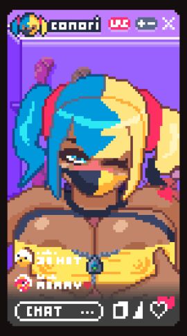 1girls 2d animated animated_gif areolae big_breasts bikini_top blue-eyed_female blue_and_yellow_hair blue_eyes blue_eyes_female blush breasts canari_(pokemon) canary_(pokemon) chat cum cum_on_breasts cum_on_face_mask cumshot face_mask female gif heart klajksf loop nintendo nipples nipples_visible nipples_visible_through_bikini nipples_visible_through_clothing one_eye_closed paizuri penis penis_between_breasts phone_screen phone_view pixel_animation pixel_art pokemon pokemon_legends:_z-a pressing_breasts_together streaming titjob user_interface