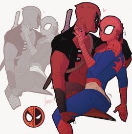 2boys deadpool deadpool_(film) jonarart_(artist) male male/male male_only marvel marvel_comics peter_parker simple_background spider-man spider-man_(series) spideypool wade_wilson