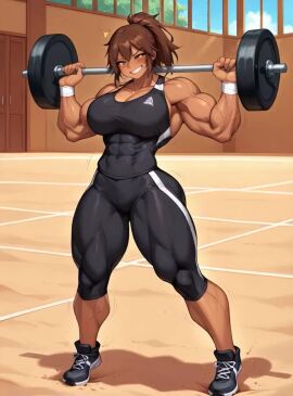 1girls abs ai_generated animated barbell biceps big_breasts bodybuilder bodysuit breasts busty_buff cleavage dark_skin dark_skinned_female female female_only fmg-smug from_below grin gym gym_uniform huge_breasts indoors inside large_breasts muscular muscular_arms muscular_female muscular_legs muscular_thighs skindentation smug solo squatting tagme thick_thighs thighs toned toned_female underboob video white_bikini