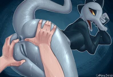 2025 alligator alligatorid anthro anus ass bea_santello bottomless butt_grab captainjingo clothed clothing crocodilian duo female genitals grey_body grey_scales hand_on_butt hi_res human human_on_anthro interspecies looking_back male male/female mammal night_in_the_woods open_mouth reptile scales scalie simple_background vulva