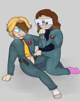 blush chibi clothed curly_(mouthwashing) cute inexperienced male mouthwashing no_shoes observing older_male original_character penis penis_awe penis_out tagme uniform wubtasticfantastic younger_male