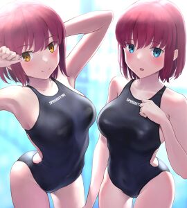 2girls absurdres bare_shoulders blue_eyes blush breasts collarbone female highres hisui_(tsukihime) kohaku_(tsukihime) large_breasts looking_at_viewer multiple_females multiple_girls one-piece_swimsuit open_mouth pointy_chin red_hair short_hair smile swimsuit thighs tsukihime wa_(genryusui) yellow_eyes