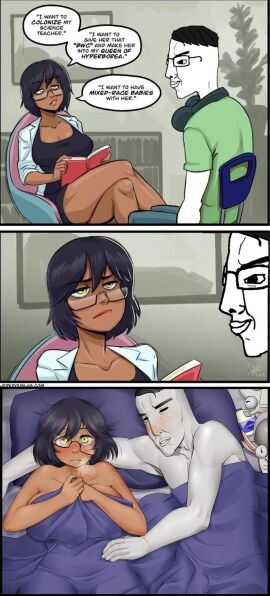 1boy 1girls after_sex annoyed bed black_hair bliss blush blushing breasts breath breath_cloud bruh chud chudjak clavicle cloroxformius clothing colored_skin dark-skinned_female dark_skin deep_breath edit edited english_text eyewear female glasses glasses_askew heavy_breathing humor interracial jerkdouglas labcoat large_breasts light-skinned_male light_skin lipstick long_nose lying male meme milf nude older_female on_back on_bed pillow raceplay reading short_hair sleeping steamy_breath straight sweat teacher teacher_and_student third-party_edit under_covers white_skin yellow_eyes