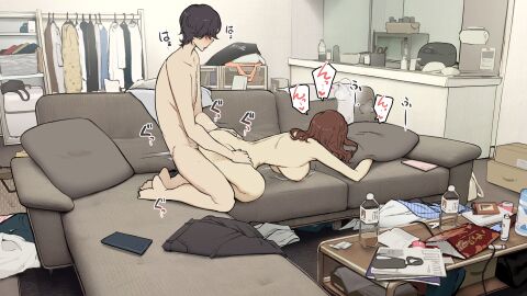 1boy bag black_hair bottle breasts brown_hair commentary_request couch doggy_style female hanging_breasts highres indoors large_breasts magazine_(object) male moaning nipples on_couch original sex sex_from_behind short_hair straight table torso_grab unworn_clothes wakamatsu372
