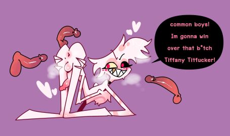 1boy angel_dust_(hazbin_hotel) anus ass ass_up bending_over bukkake demon fluffy_chest grin hazbin_hotel heavy_breathing heterochromia legs_spread male mrkong1312 penis pink_fur spider_humanoid surrounded_by_penis