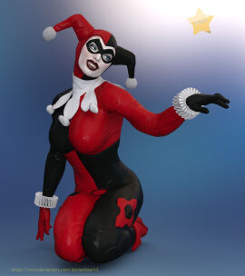 1girls 3d 3d_(artwork) batman_(series) big_breasts blue_eyes bodysuit boots breasts curvaceous curvy curvy_figure dc dc_comics deviantstar12 female female_only harley_quinn harley_quinn_(classic) hourglass_figure on_knees smile smiling solo