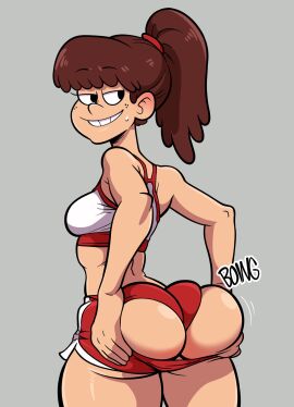 1girls aged_up ass ass_focus atomicrailgun big_ass booty_shorts brown_hair bubble_ass bubble_butt fat_ass female female_only grabbing_ass grabbing_own_ass long_hair looking_at_viewer looking_back lynn_loud nickelodeon panties presenting_hindquarters rear_view revealing_clothes ripped_shorts simple_background skindentation solo sports_bra sportswear teenager the_loud_house tomboy voluptuous