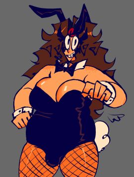 big_breasts bowtie breasts brown_hair bulge bunny_ears bunnysuit fishnet_legwear fishnets futa_only futanari grey_background greyscale hair intersex jadie_p kappi0 loaltoff long_hair obese oc orange_body orange_skin original_character playboy_bunny self_upload simple_background solo tagme tan_body tan_skin watermark