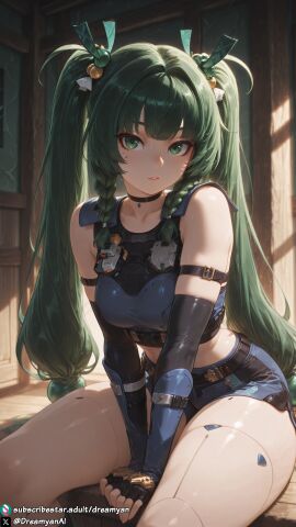 1girls ai_generated android breasts clothed clothed_female curvy curvy_body curvy_female dreamyan_ai green_eyes green_hair hi_res high_quality high_resolution highres long_hair looking_at_viewer medium_breasts qingyi_(zenless_zone_zero) sitting spread_legs thick_ass thick_thighs thighs twintails uncensored zenless_zone_zero