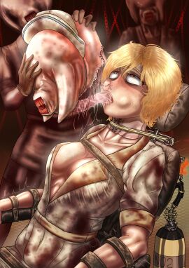 2d 2d_(artwork) aged_up ahe_gao before_transformation big_breasts blonde_hair blood_splatter blood_stain bondage brainwashing breasts brown_eyes bubble_head_nurse cheryl_mason cleavage corruption dildo_in_mouth dirty excessive_saliva eyes_rolling_back fear female female_focus forced_transformation freckles gag_mask heather_mason horror horror_(theme) identity_death light_skin mask mask_gag medical mind_break mind_control monster monster_girl mouth_bulge mr.bones22 multiple_females multiple_girls nostril_penetration nurse nurse_(silent_hill) nurse_cap nurse_hat nurse_uniform open_mouth parasite pleasure_face pre-transformation restrained restraints saliva saliva_trail silent_hill silent_hill_2 silent_hill_3 skirt slave submissive_female sucking_tentacle sweat tentacle tentacle_in_mouth transformation