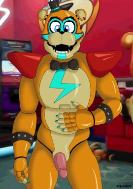animatronic anthro bear blue_eyes brown_body ciel-wolf clothing erection five_nights_at_freddy's five_nights_at_freddy's:_security_breach genitals glamrock_freddy glamrock_freddy_(fnaf) hat headgear headwear lodged machine male mammal metallic_body penis pink_penis robot scottgames solo solo_male steel_wool_studios