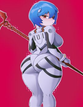 ass back_view big_ass big_breasts big_butt big_thighs breasts clothing curvaceous curvaceous_female curvaceous_figure curvy curvy_figure curvy_hips cyan_hair female female_focus female_only hatzuhatzu looking_at_viewer neon_genesis_evangelion rei_ayanami short_hair