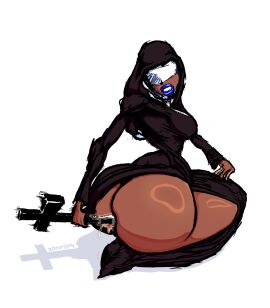 1girls anal anal_masturbation artist_name ass big_ass big_breasts blindfold blue_lipstick bottom_heavy breasts cross dark_skin female huge_ass kneeling nun nun's_habit nun_costume nun_outfit sister sitting sitting_on_floor zommbay