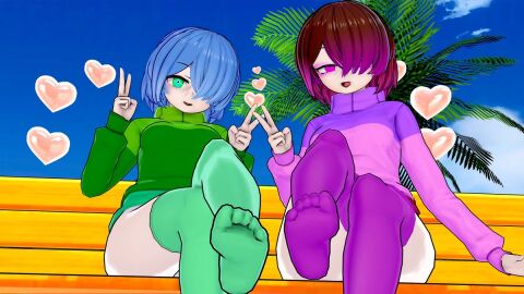 amber_lightvale bete_noire blue_hair brown_hair cloud feet female female_focus glitchtale green_eyes green_sweater green_thighhighs koikatsu open_mouth_smile pink_eyes pink_hair pink_sweater purple_sweater purple_thighhighs sky smiling thighhighs thighs tree undertale undertale_(series)