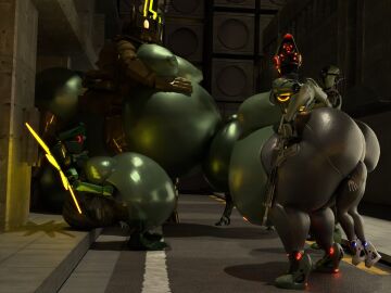 3d 6girls anal_vore android ass assaultron assaultron_(fallout) big_ass big_breasts breasts bubble_ass bubble_butt fallout fallout_4 fallout_76 female female_only femdom giantess haydee haydee_(game) huge_ass huge_breasts larger_female laser_gun qzk_forte rifle smaller_female thick_thighs ultrakill v2_(ultrakill) vore wide_hips yuri