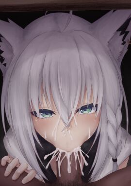 1boy :>= absurdres ahoge animal_ear_fluff animal_ears braid censored commentary_request crossed_bangs cum cum_bubble cum_in_mouth cum_in_nose cum_on_body cum_on_hair facial fellatio female fox_ears fox_girl green_eyes hair_between_eyes highres hololive long_hair looking_at_viewer male_pubic_hair mosaic_censoring oral penis pov pov_crotch pubic_hair shirakami_fubuki single_braid solo_focus straight tanu_(ace_ikachan) virtual_youtuber